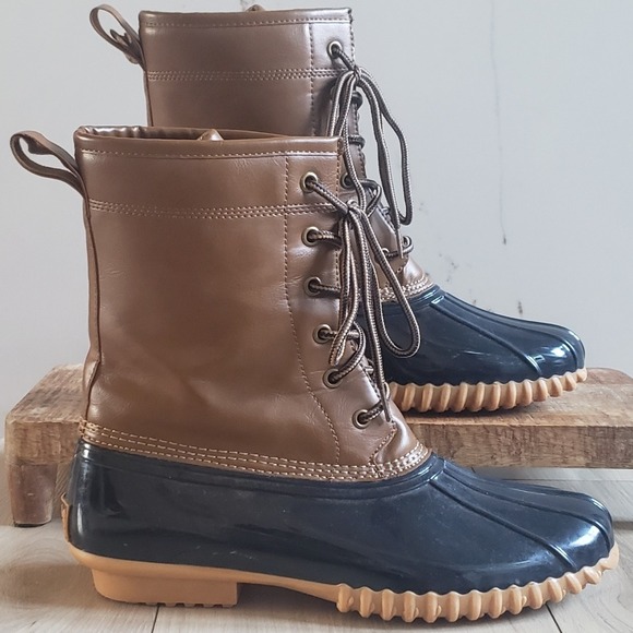 Totes Duck Boots Womens 10 Ariel Tan Navy Leather Lace Up Winter Rain Snow Shoes - Picture 1 of 6